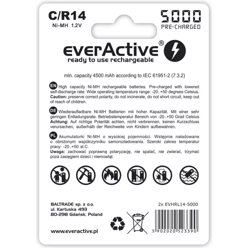Uzlādējama NiMH cilindriska baterija everActive EVHRL14-5000, 1,2 V, 2 gab., 51,5 mm augstums