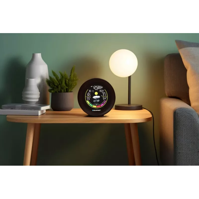 BLAUPUNKT WS35BK APP laika stacija — LCD displejs, temperatūra un mitrums, modinātājs, kalendārs, lietotnes savienojamība, 94×94×27 mm