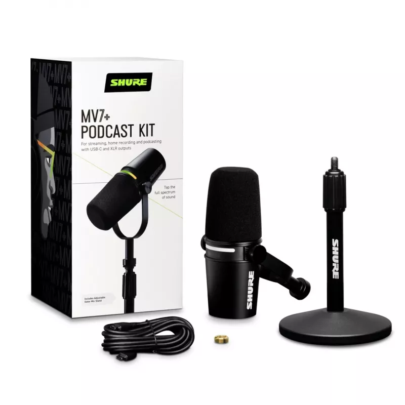 Shure MV7+-K-BNDL - pults/vokālais mikrofons ar XLR/USB-C savienotāju, melns + galda statīvs GATOR