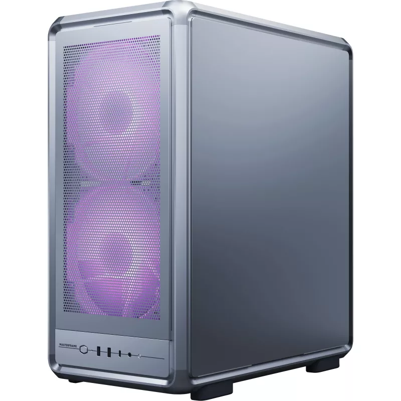 PC Midi Tower Cooler Master MasterFrame 500 Mesh — melns ar caurspīdīgu sānu, atbalsta ATX barošanas blokus, 2x200mm priekšā + 1x120mm aizmugurē, 2.5 collu/3.5 collu diski