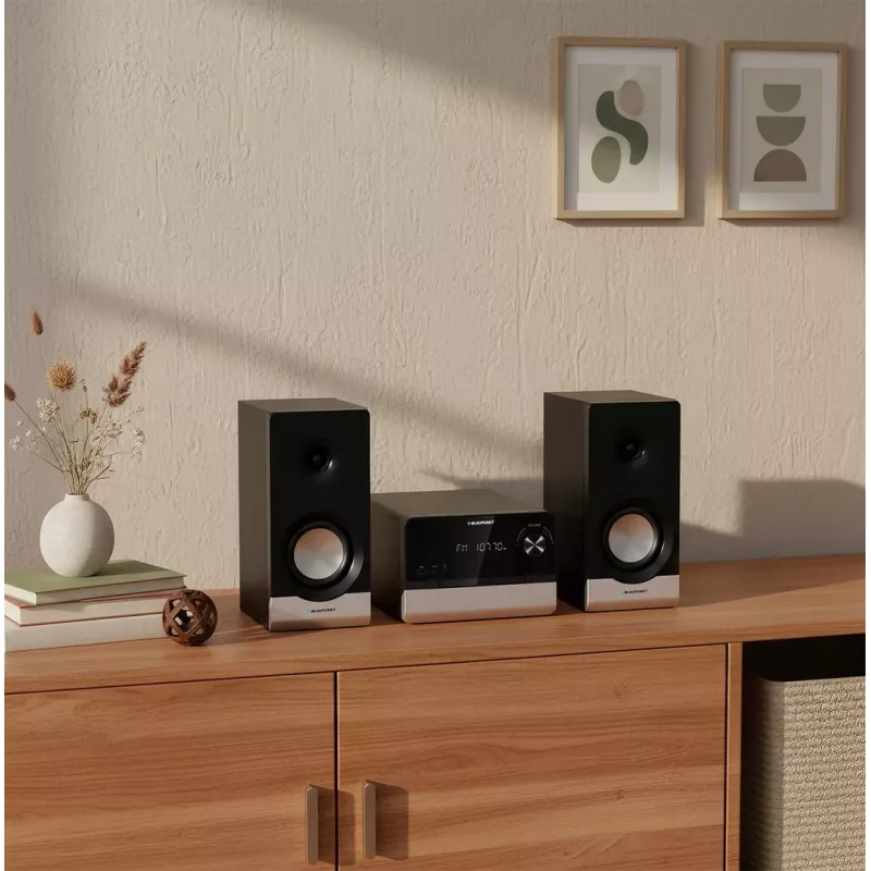 Mājas audio mikrosistēma BLAUPUNKT MS40.2BT — 2×50 W RMS, Bluetooth, CD, USB, HDMI ARC, optiskā ieeja, LED displejs (melna)