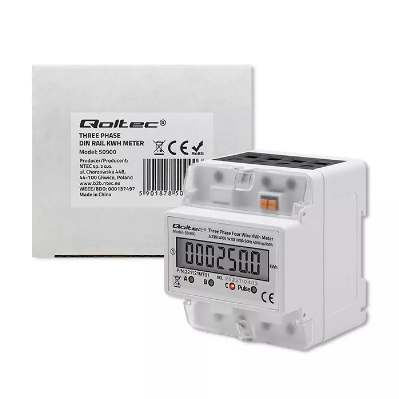 Trīsfāžu elektroniskais enerģijas skaitītājs QOLTEC 50900 400V LCD 4P