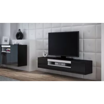 TV statīvs cama meble VIVA 180 — 1800×400×370 mm, melna virsma (skaidu plātne), melns rāmis, balti akcenti
