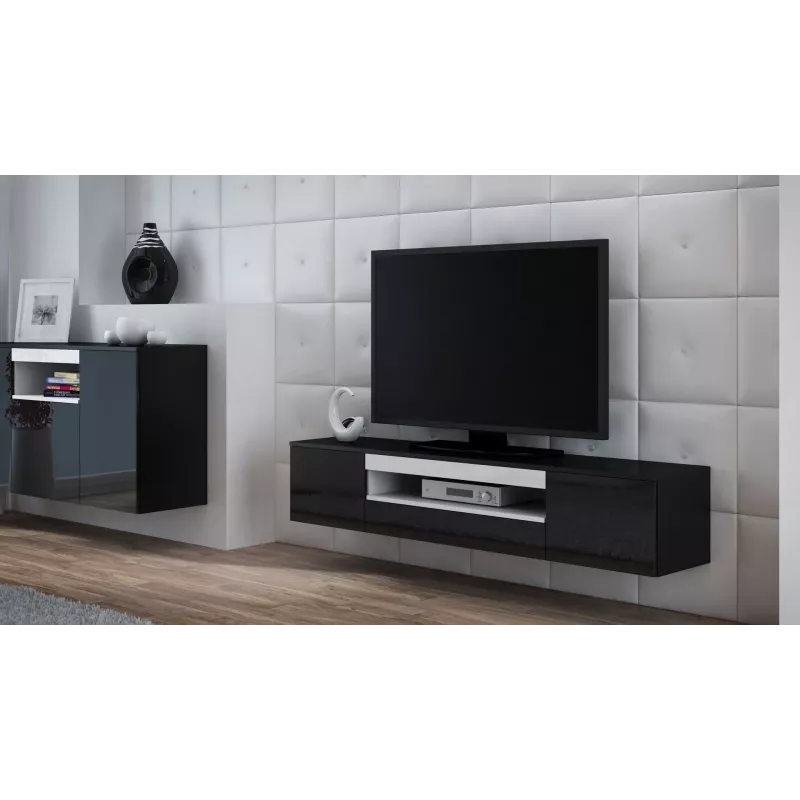 TV statīvs cama meble VIVA 180 — 1800×400×370 mm, melna virsma (skaidu plātne), melns rāmis, balti akcenti