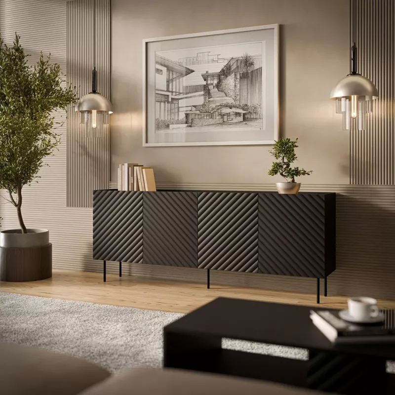 Kumode cama meble LUCCA 4D, 200×40×80 cm, melna, skaidu plātnes korpuss