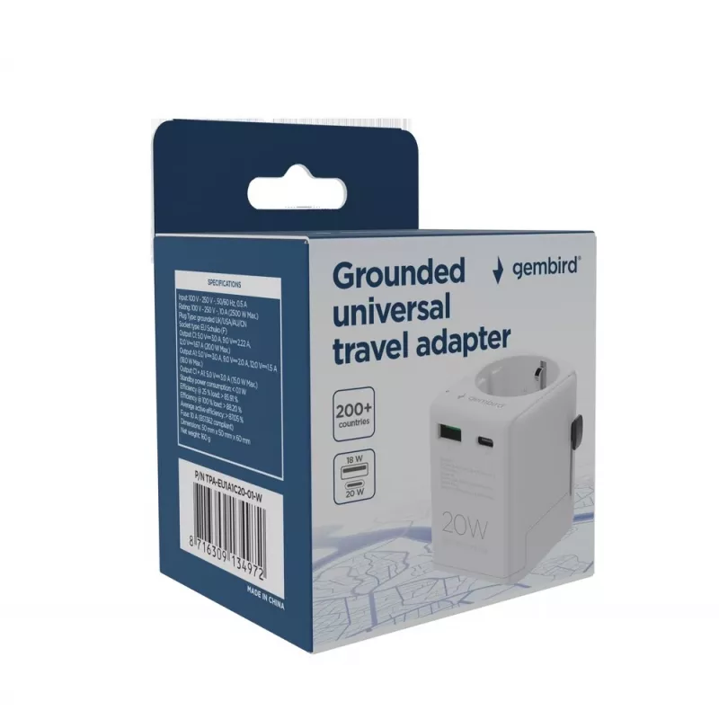 Ceļojuma strāvas adapteris GEMBIRD TPA-EU1A1C20-01-W 20W, USB-A 18W + USB-C 20W, Schuko ligzda, ieeja 100–250 V