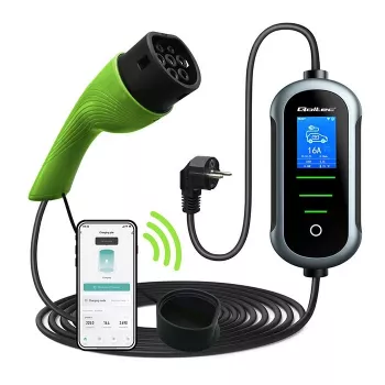 Elektrisko transportlīdzekļu lādētājs QOLTEC EV automašīnu lādētājs ar regulējamu Type2 2in1 3.5kW – kompakts maiņstrāvas lādētājs, Type 2, 3,5 kW