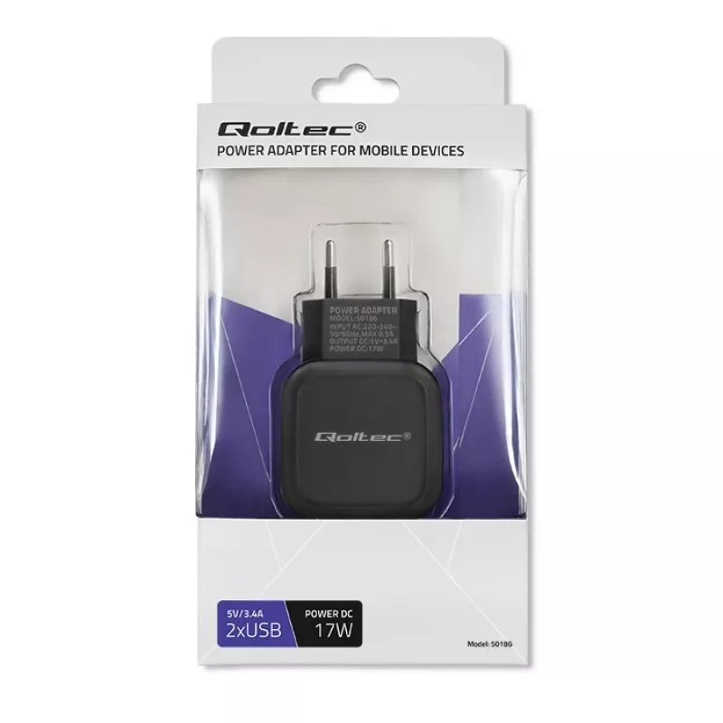 Maiņstrāvas iekštelpu lādētājs QOLTEC 50186 viedtālruņiem un planšetdatoriem, 5 V 3,4 A, 17 W, 2× USB, melns