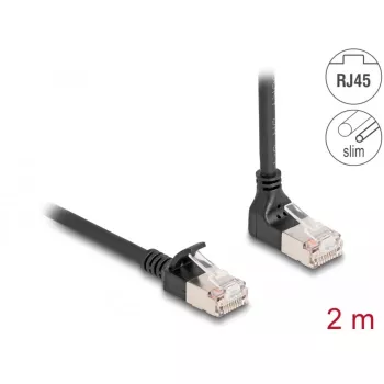 Delock - Tīkla kabelis - RJ-45 (V) uz augšu leņķveidīgs uz RJ-45 (V) taisns - 2,0 m - 4,5 mm - S/FTP - CAT 6a - Ekranēts, bez halogēna - Melns (80288)