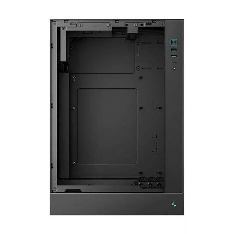DeepCool CH170 PLUS Tower Melns — micro-ATX/mini-ITX korpusa korpuss, rūdīta stikla logs, USB-C, augšējais barošanas bloka novietojums