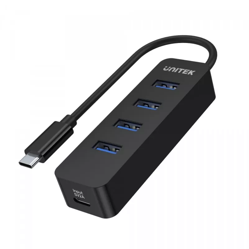 USB centrmezgls Unitek uHUB Q4 — 4 portu USB 3.2 Gen 1 (Type-A) centrmezgls, USB-C resursdators, 5 Gbit/s, 10 W, melns