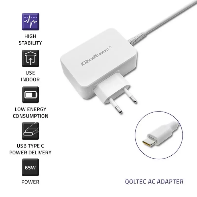 Barošanas adapteris QOLTEC 51039 65W AC-to-DC 220–240V 20.3V/3.25A Type C balts, 1.7 m kabelis