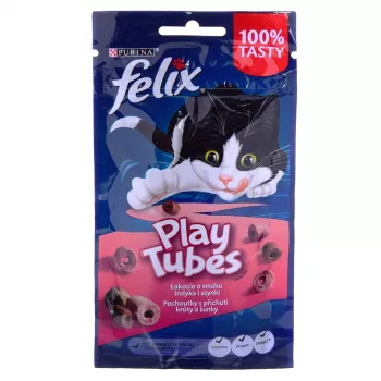 Sausais kaķu našķis Felix Play Tubes Turkey & Ham 50 g — gaļīga sausā barība pieaugušiem kaķiem, 35% olbaltumvielu, 19,5% tauku
