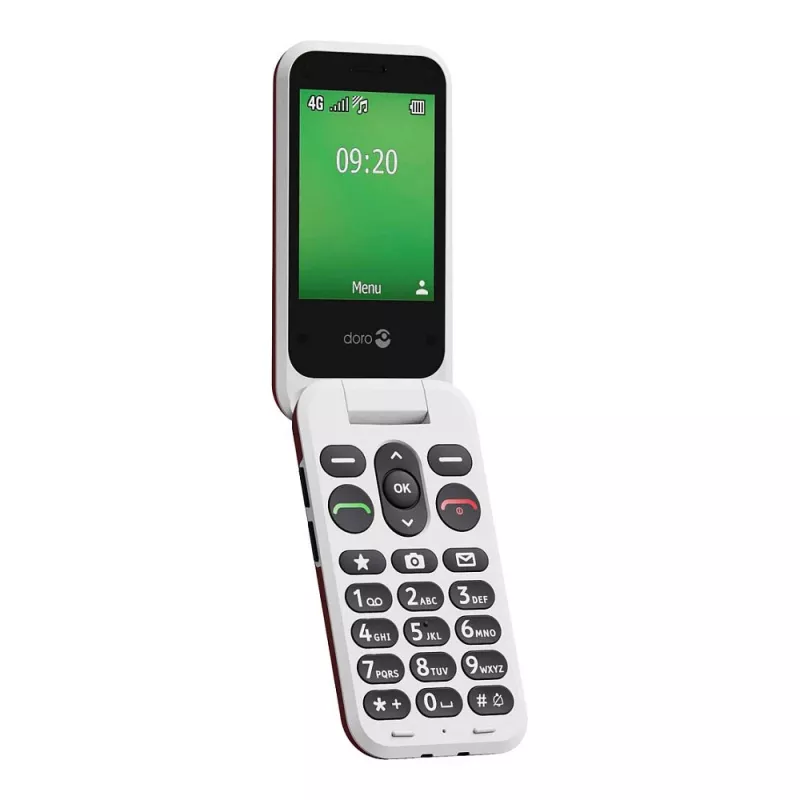 Feature phone Doro Leva E22 atvāžamais, 2,8 collu (7,11 cm) displejs, Viena SIM karte, 0,3 MP kamera, 1150 mAh, 127,8 g, Sarkans/Balts