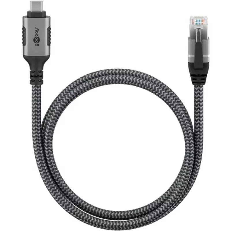 Ethernet-kabelis USB-C 3.2 Gen2 Plug > RJ-45 Plug, LAN-Adapter Melns/Sudraba, 1,5 Meter, braided textile jacket