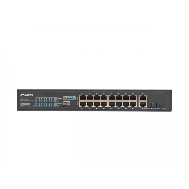 Nepārvaldāms slēdzis LANBERG RSFE-16P-2C-150 — 18 portu Gigabit, 16 PoE+/2 SFP, 150 W kopā, 1U statīvs, metāls, melns