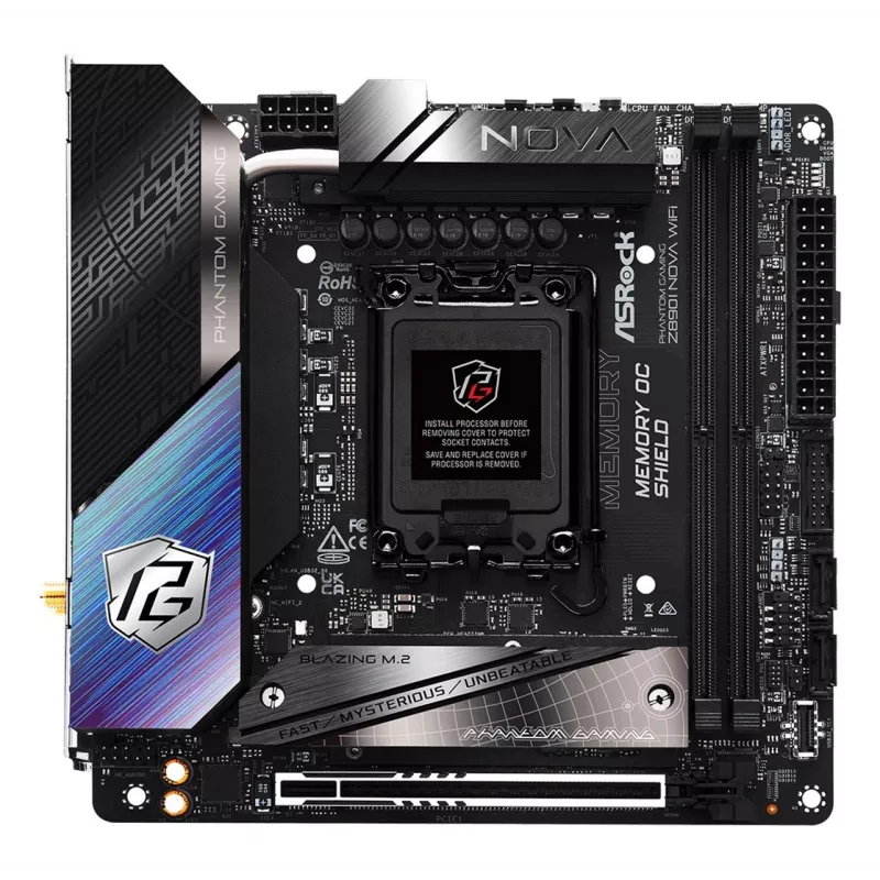 Mātesplate ASRock Phantom Gaming Z890I Nova WiFi — Intel Z890, LGA 1851, mini ITX, DDR5, 2x M.2, Wi‑Fi 6E/7, 5Gb LAN, Thunderbolt