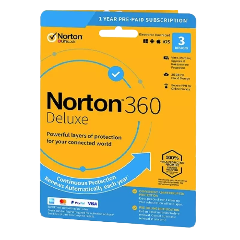 Norton 360 Deluxe | 3 ierīces | 1 gads | 25 GB mākoņkrātuve | ES