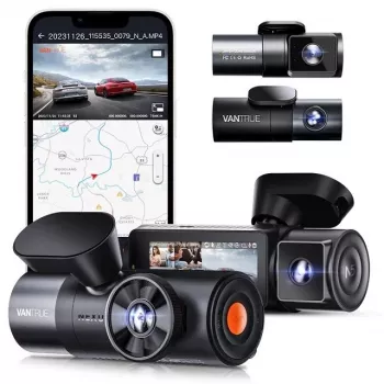 Auto videoreģistrators VANTRUE N5 Nexus 5 — 4 kanālu videoreģistrators, 2592×1944 galvenais, 160° priekšējais/salona, GPS, Wi‑Fi, IPS displejs, MicroSD līdz 512 GB