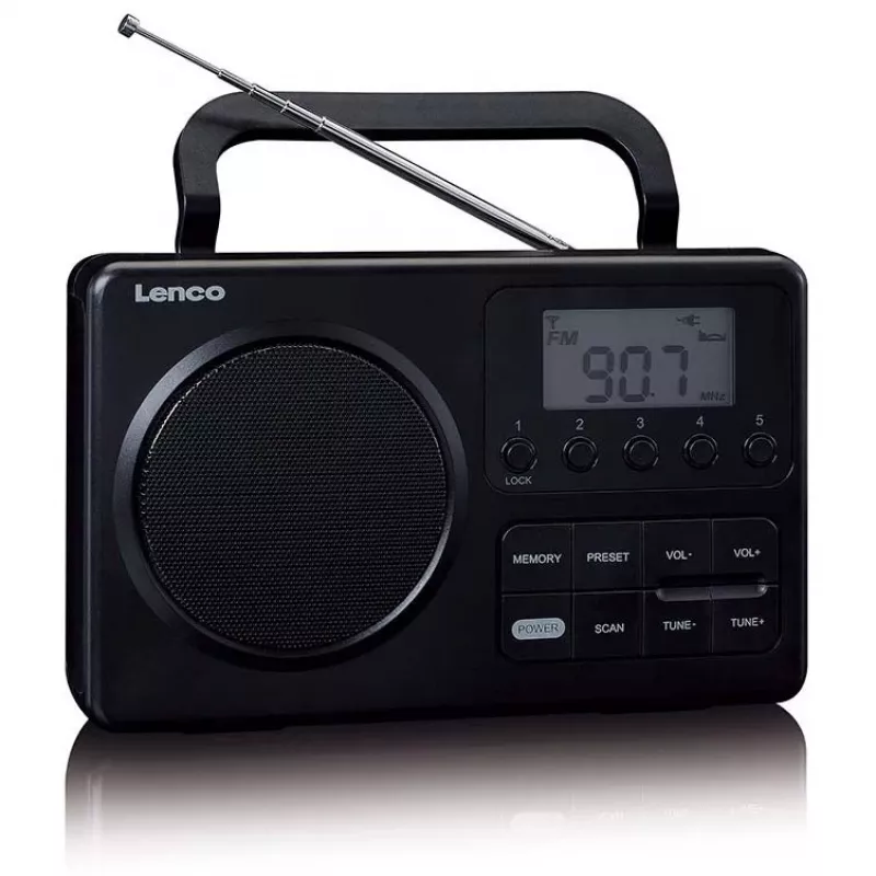 Pārnēsājams radio Lenco MPR-035BK — FM/AM, tīkla un bateriju barošana, 2,5 collu LCD, 20 FM iepriekšiestatījumi, 3,5 mm izeja