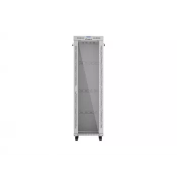 19 collu 42U LANBERG stāvošs statņu skapis 600×600 mm pelēks ar stikla durvīm un LCD (plakanā iepakojumā)