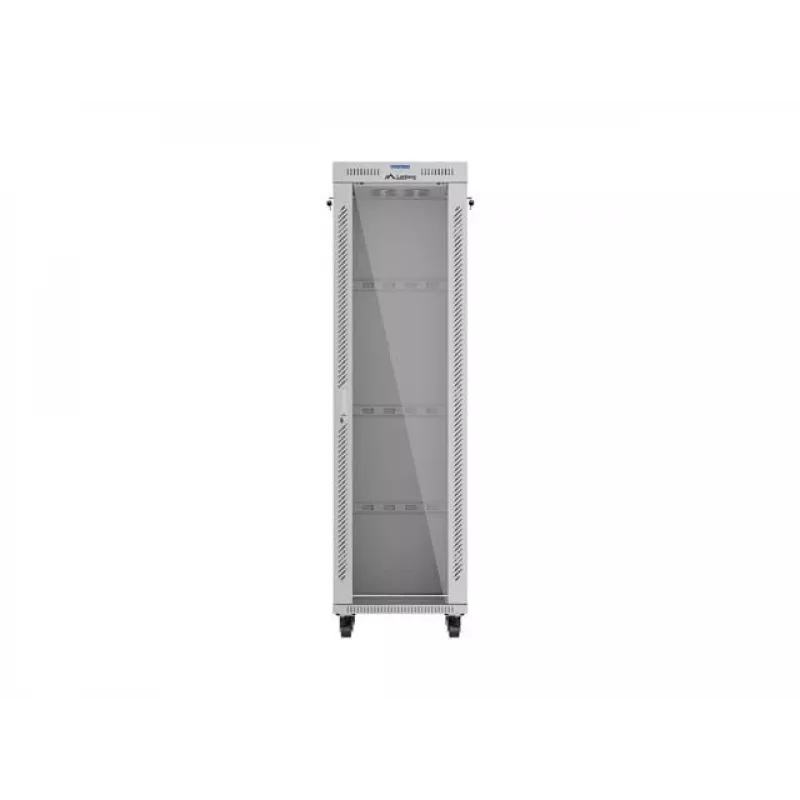 19 collu 42U LANBERG stāvošs statņu skapis 600×600 mm pelēks ar stikla durvīm un LCD (plakanā iepakojumā)