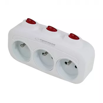 Strāvas sadalītājs ESPERANZA ELK307W — 3 ligzdu slēdzams iekštelpu adapteris, E tipa spraudnis, 220–240 V, 16 A, 3680 W, balts