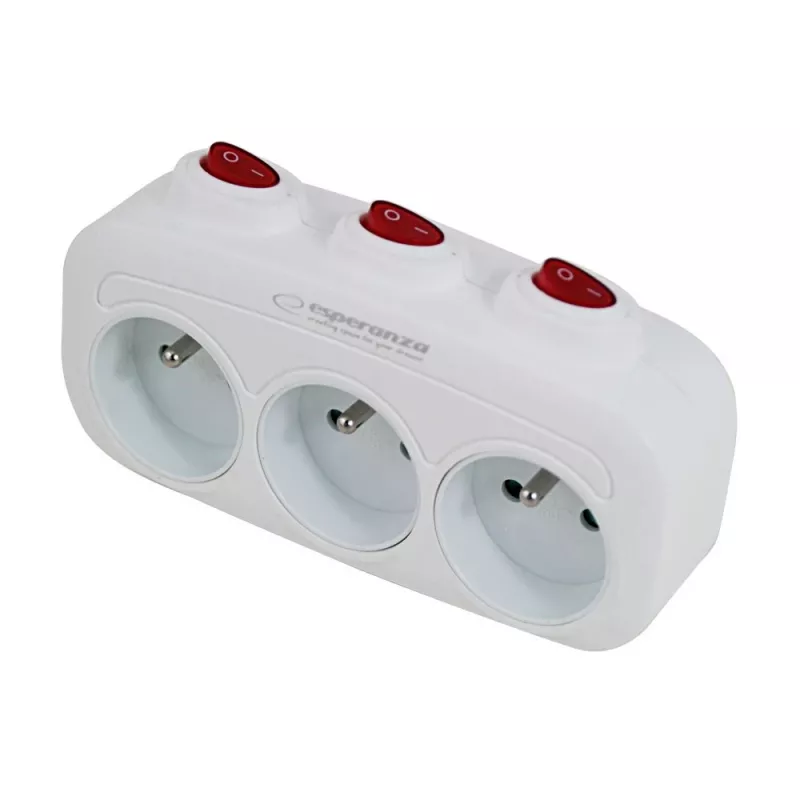 Strāvas sadalītājs ESPERANZA ELK307W — 3 ligzdu slēdzams iekštelpu adapteris, E tipa spraudnis, 220–240 V, 16 A, 3680 W, balts