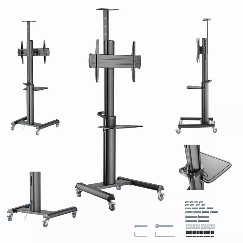 Grīdas TV statīvs Gembird TVS-70T-02 37 collu–70 collu ekrāniem, maks. 70 kg, VESA 200x200–600x400, slīpums ±5°/−12°, regulējams augstums, ritentiņi, kabeļu pārvaldība
