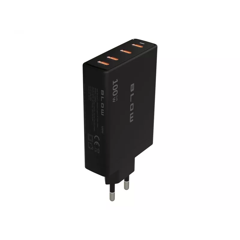 Sienas lādētājs BLOW 4×USB-C PD 100W GaN, 4 porti, PD 3.0, PPS, 200–240V ieeja