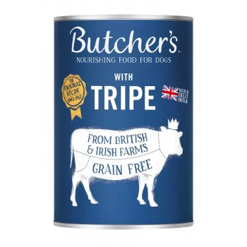 Konservēta mitrā suņu barība Butcher's Oriģināls Tripe 400 g — liellopa garša, pieaugušiem suņiem, 80% mitruma
