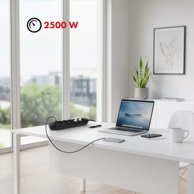 Strāvas sadalītājs MACLEAN MCE395 B — 5 ligzdas, 3×USB, 110–240 V maiņstrāva, 2,1 A USB, 2500 W, 1,5 m kabelis, melns