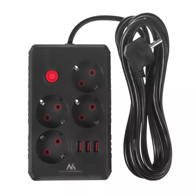 Pagarinātājs MACLEAN MCE393 B — 4 rozetes, 3×USB, 110–240V, 2500W, 3 m kabelis, melns