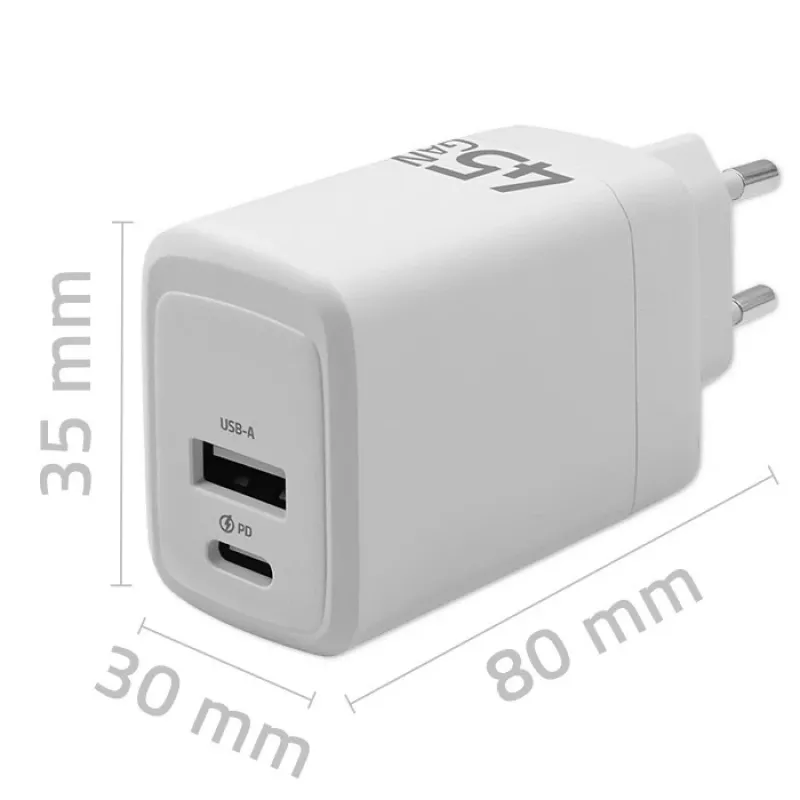 GaN 45W lādētājs 5V 20V 1.5A 3A, 1xUSB C PD, 1xUSB A