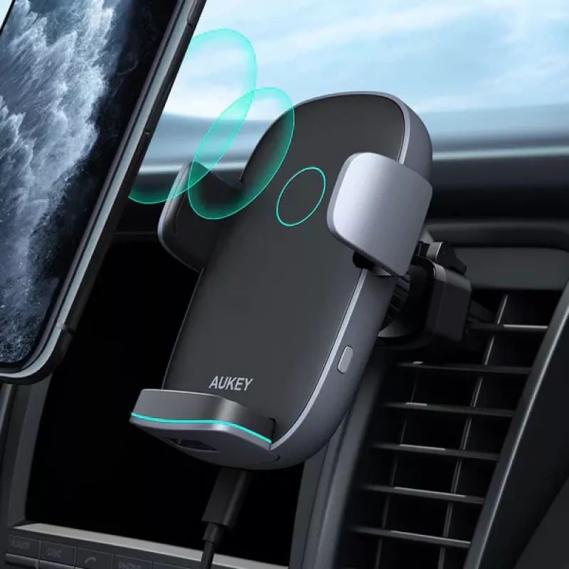 Bezvadu uzlādes telefona turētājs automašīnā Aukey HD-C52 — Qi saderīgs regulējama leņķa automašīnas telefona turētājs ar bezvadu uzlādi