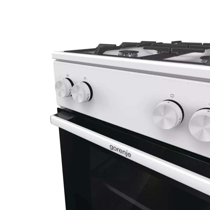 Brīvi stāvoša gāzes plīts ar krāsni Gorenje GG5A10WFFM — 4 degļu plīts virsma, 70 l krāsns, emaljēta augšdaļa, balta