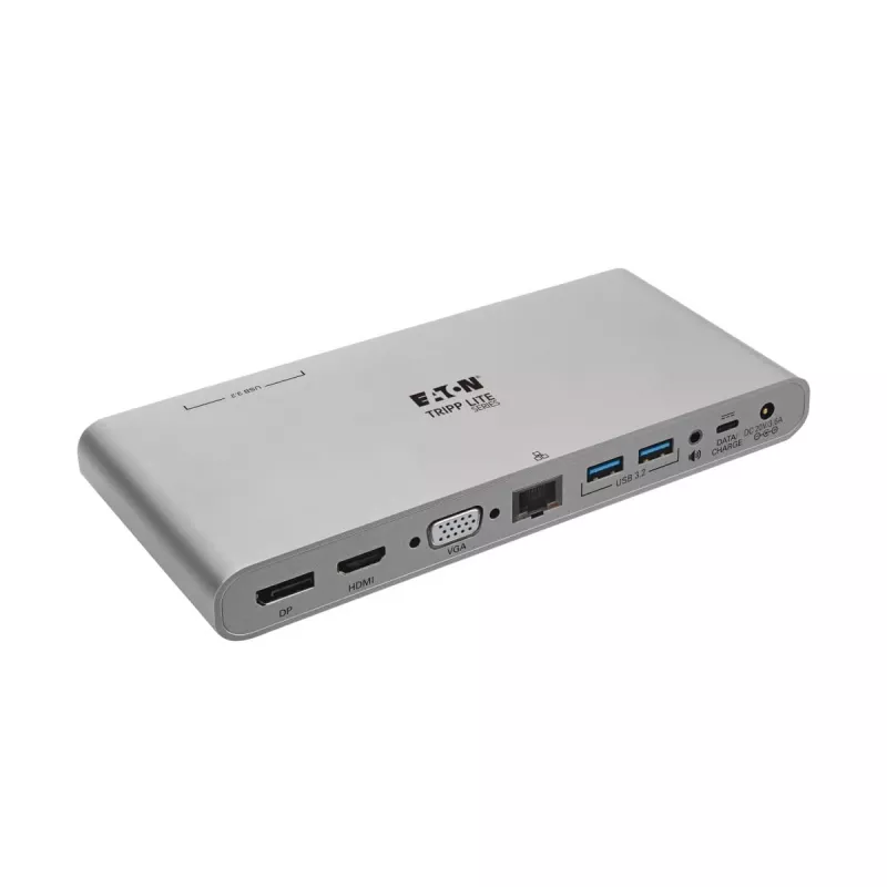 Eaton Tripp Lite USB-C dokstacija, trīs displeji - 4K HDMI/DisplayPort, VGA, USB 3.2 Gen 1, USB-A/USB-C centrmezgls, GbE, 100W PD uzlāde, starptautiskie strāvas kabeļi - dokstacija - USB-C