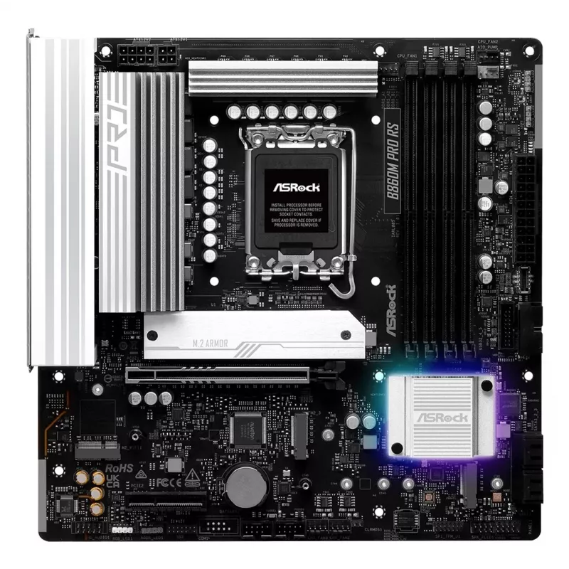 Mātesplate ASROCK B860M Pro RS — Intel B860, LGA 1851, micro ATX, DDR5, 4× DIMM, 2.5Gb LAN, 1×PCIe5 x16