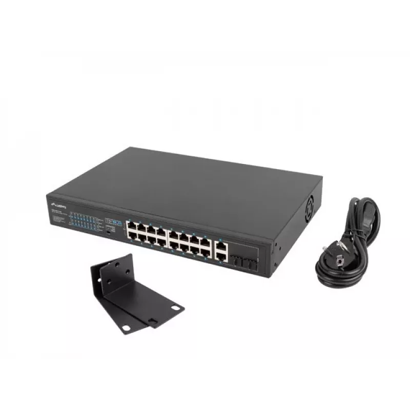 Nepārvaldāms slēdzis LANBERG RSFE-16P-2C-250 — 18 portu Gigabit, 16x PoE+ (30W), 2x SFP, 250W, 1U, metāls, stiprināšana statīvā