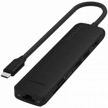 Satechi 7-in-1 USB-C Slim Multiport Adapter Ethernet (USB-C PD, 2x USB-A, HDMI 4K, Ethernet, micro/SD karšu lasītājs) (Melns)