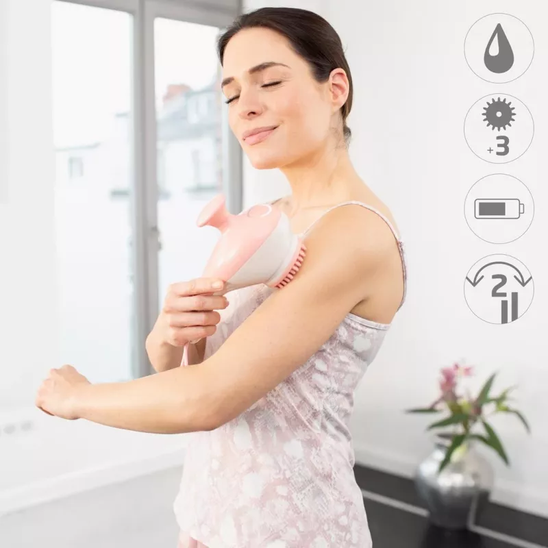 Rokas rullīšu masieris Medisana AC 950 — bezvada Li‑Ion, 2 jaudas līmeņi, ergonomiski rokturi, 381 g, rožu zelts/baltā