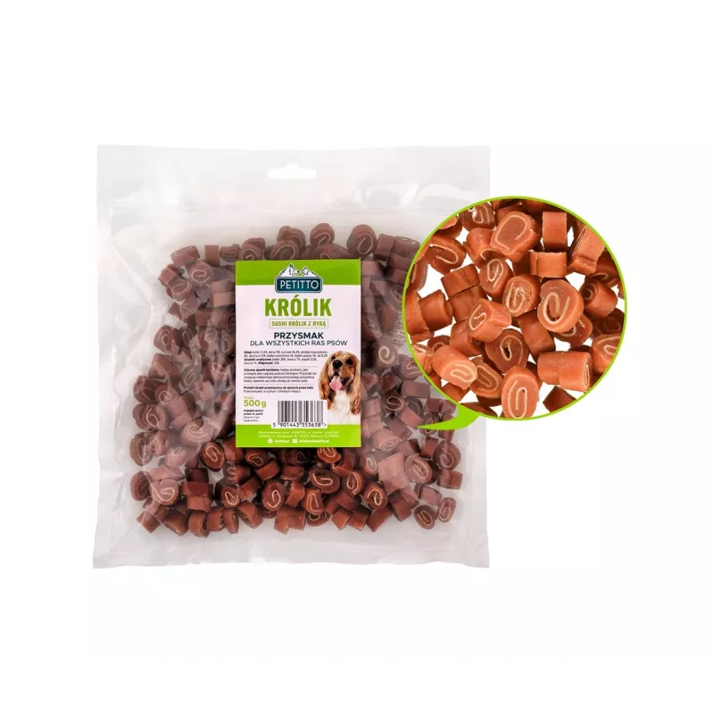 Suņu apmācības kārumi PETITTO Sushi trusis ar zivīm 500 g, olbaltumvielas 28%, tauki 7%, mitrums 23%