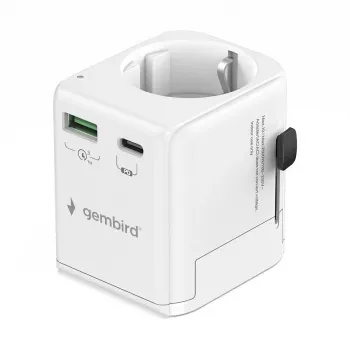 Ceļojuma strāvas adapteris GEMBIRD TPA-EU1A1C20-01-W 20W, USB-A 18W + USB-C 20W, Schuko ligzda, ieeja 100–250 V