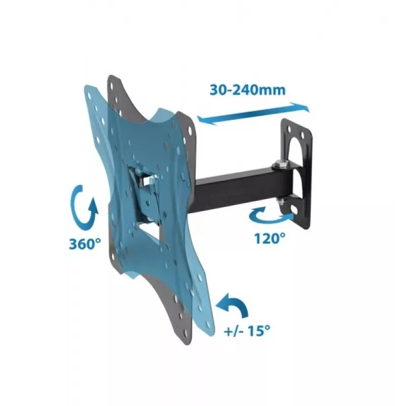 TV sienas stiprinājums ESPERANZA PROTEUS 26–70 collu (66–177,8 cm) televizoriem, noliekšana ±15°, pagriešana 120°, VESA 75×75–400×400, maks. slodze 55 kg, melns
