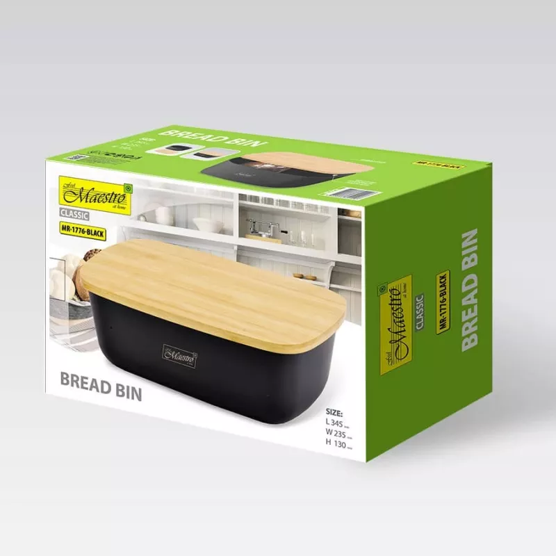 Maize Maestro MR-1776-Melns darba virsmas maizes kaste, plastmasas korpuss ar koka vāku, 345×235×130 mm