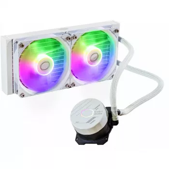Šķidruma dzesēšanas komplekts Cooler Master MasterLiquid 240L Core ARGB balta — 240 mm radiators, 120 mm ventilatori, atbalsta LGA1700/AM5/AM4 un vecākas ligzdas