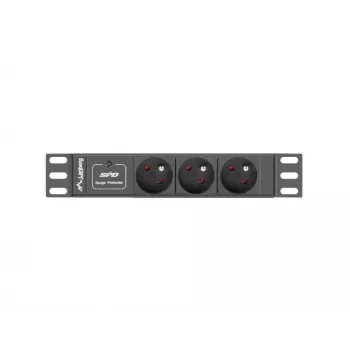Strāvas sadales bloks LANBERG PDU-03E-0200-BK — 1U, 3x Type E rozetes, 220–250 V, 16 A, 2 m kabelis, melns