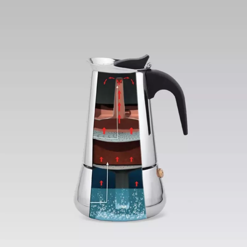 Moka katls Maestro MR-1660 0.2 L nerūsējošā tērauda plīts kafijas automāts, 4 tases, melns rokturis
