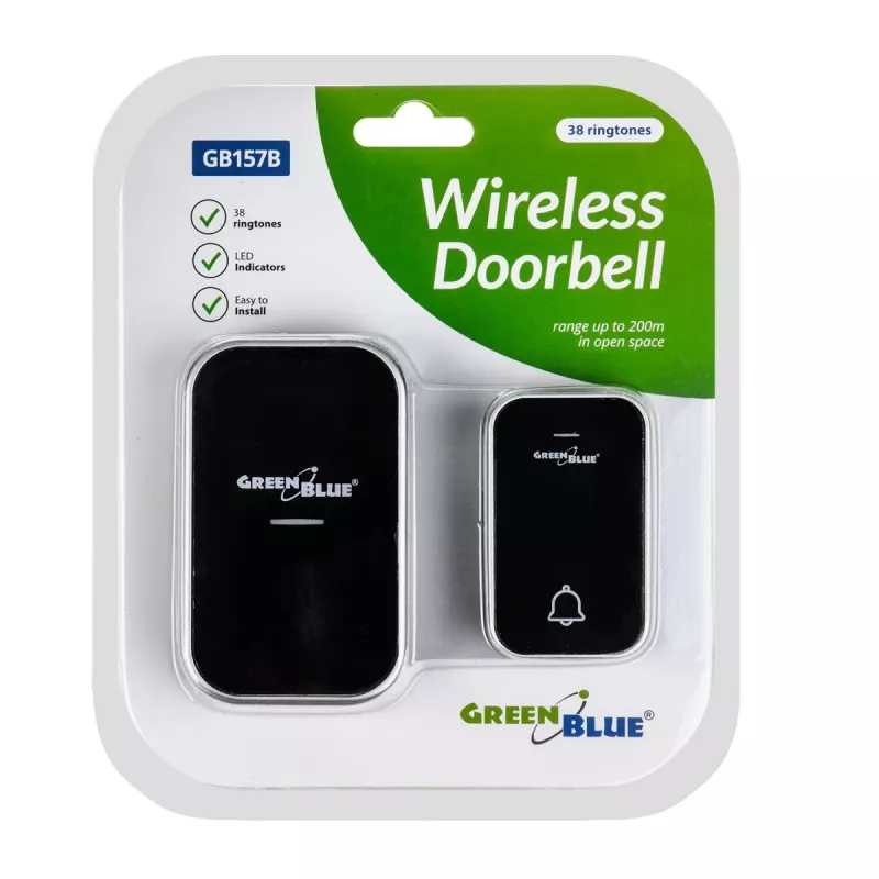 GreenBlue GB157 B Kinetic akumulators-free Wireless Dorr Bell, Melodies, Melns, Range up to 200m, IP44