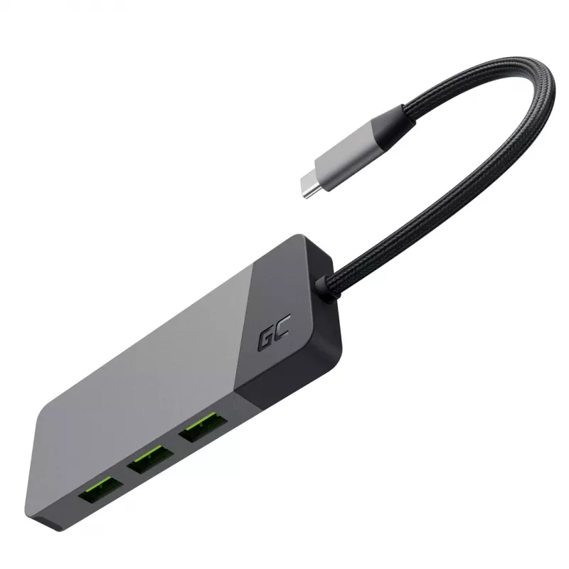 USB Type‑C centrmezgls zaļa Cell HUBGC01 — 7 pieslēgvietas: 3×USB‑A 3.2 Gen 1, 1×USB‑C 3.2 Gen 1, HDMI, microSD+SD karšu lasītājs — sudrabains